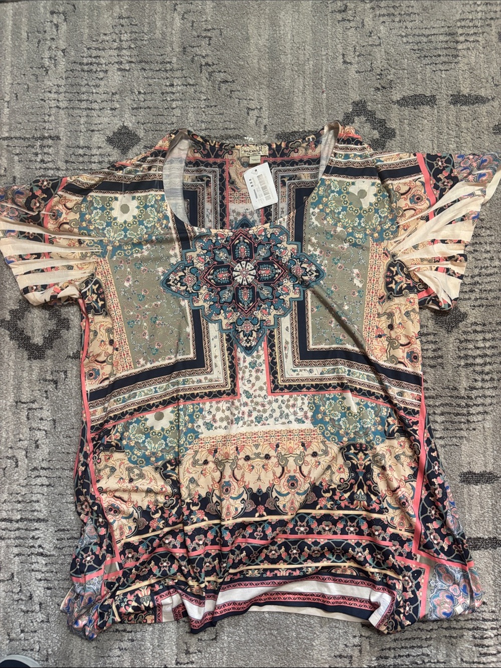 ONE WORLD Short Sleeve Boho Medallion Top - Teal, Coral, Cream, Navy